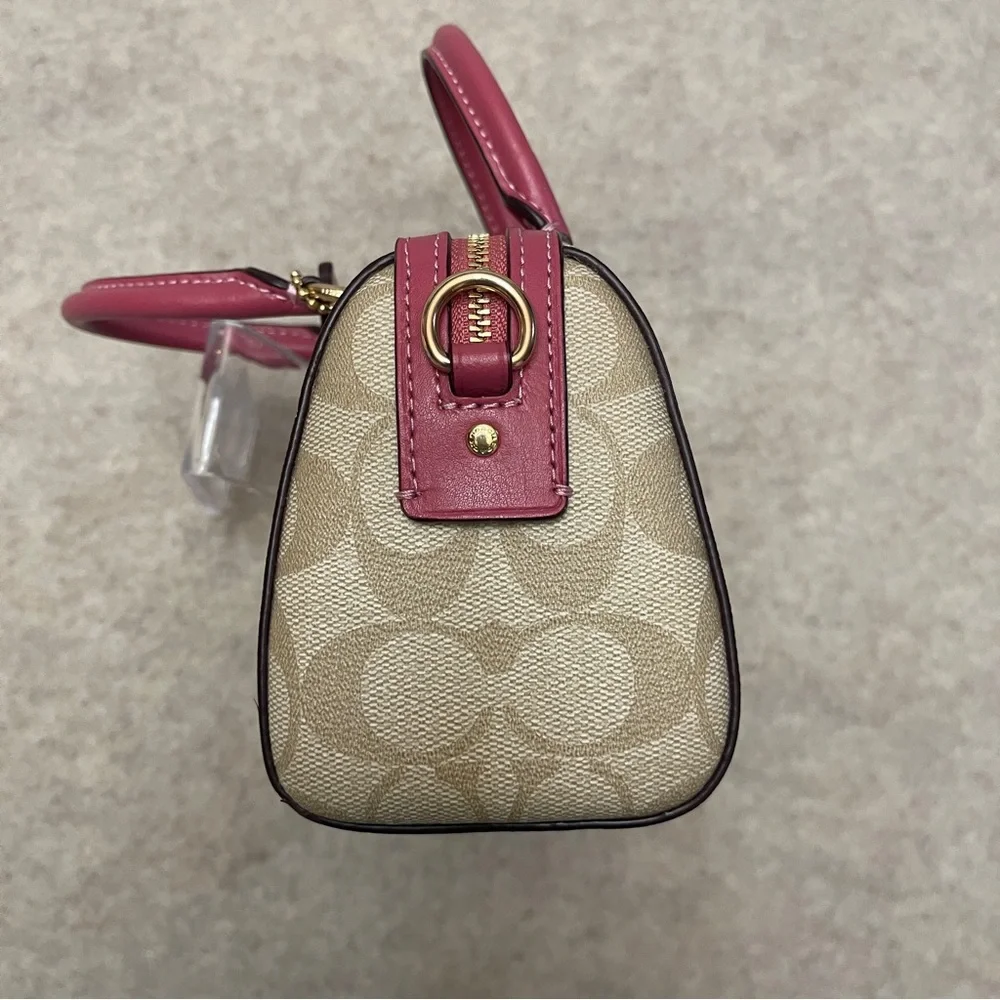 Coach Mini Rowan Signature Tan Canvas Pink Rogue Leather Trim Crossbody Bag